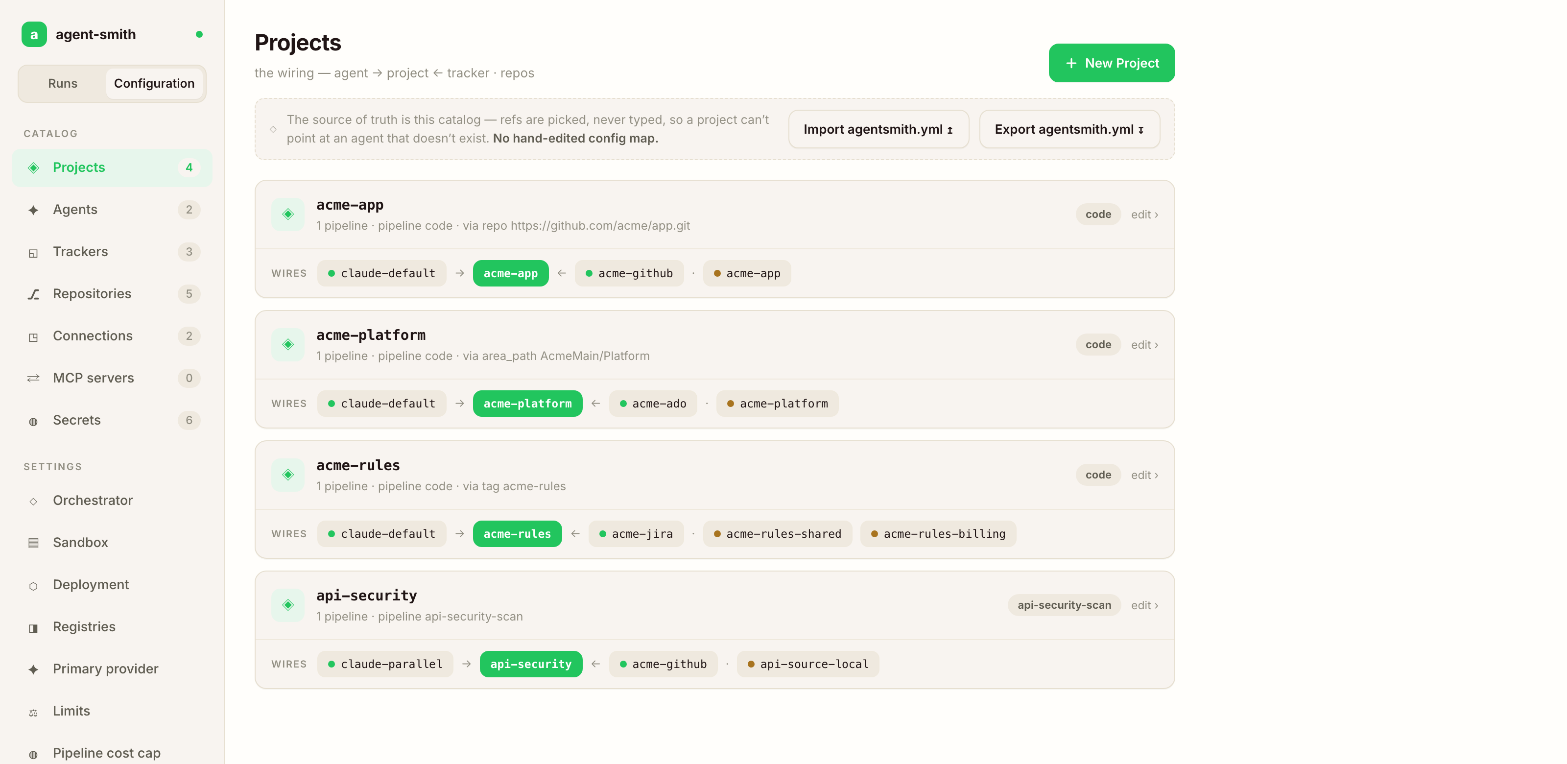 The configuration studio: a catalog of projects, agents, trackers, repositories, connections, MCP servers and secrets in the left rail, and each project shown with the agent, tracker and repositories it wires together.
